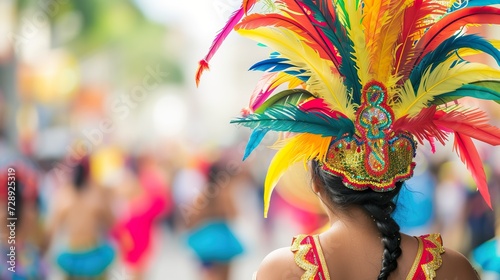 Carnival dancer in feather headdress. Banner with copy space