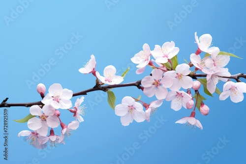 Blooming sakura, peaches and cherries on a blue background. Cherry flowers on a blue background