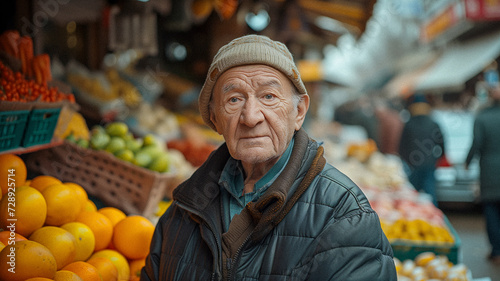 Global Market Rhythms: Multicolored Portraits of Street Vendors. High quality photo. Portrait of a street vendor in a bustling market, surrounded by colorful goods
