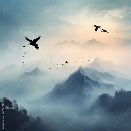 silhouette of fog mountains and flying birds. background for poster, banner, web, social media. ai generative design photo