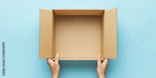 Top view to female hand holding brown cardboard box on light blue background. Mockup parcel box. Packaging, shopping, delivery concept  © StockWorld