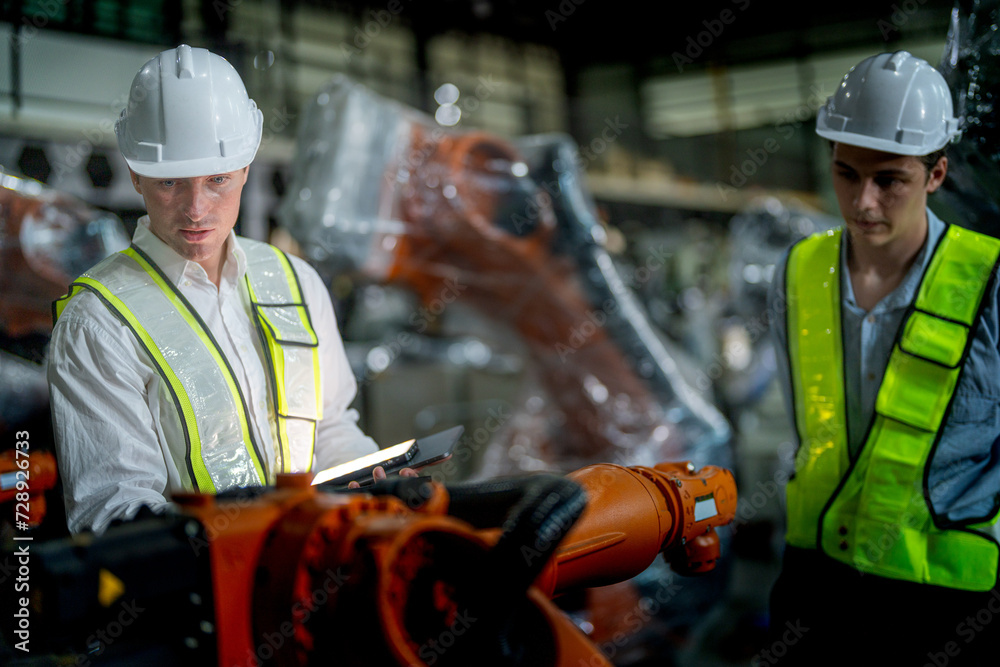 Business engineers meeting and checking new machine robot. Workers walking at warehouse industry welding machine. business negotiation concepts and technology. women Using smart Tablet to present man. Business engineers meeting and checking new machine robot. Workers walking at warehouse industry welding machine. business negotiation concepts and technology. women Using smart Tablet to present man.
