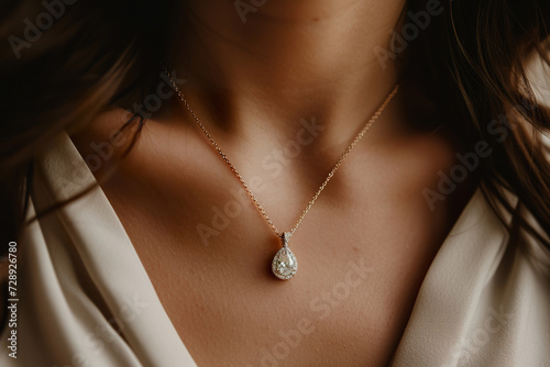 Diamond pear shaped necklace. Delicate Diamond Pendant on Young Woman