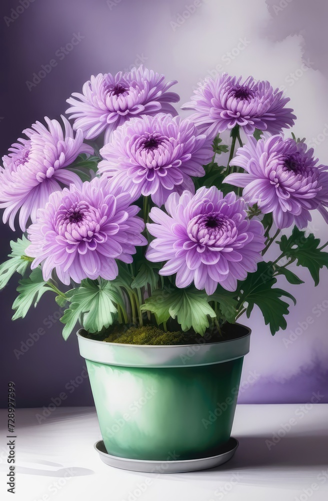 Lilac chrysanthemums in a pot on a white background. Chrysanthemum potted isolated on white background. Lilac chrysanthemums in a pot on a white background. Chrysanthemum potted isolated on white background.