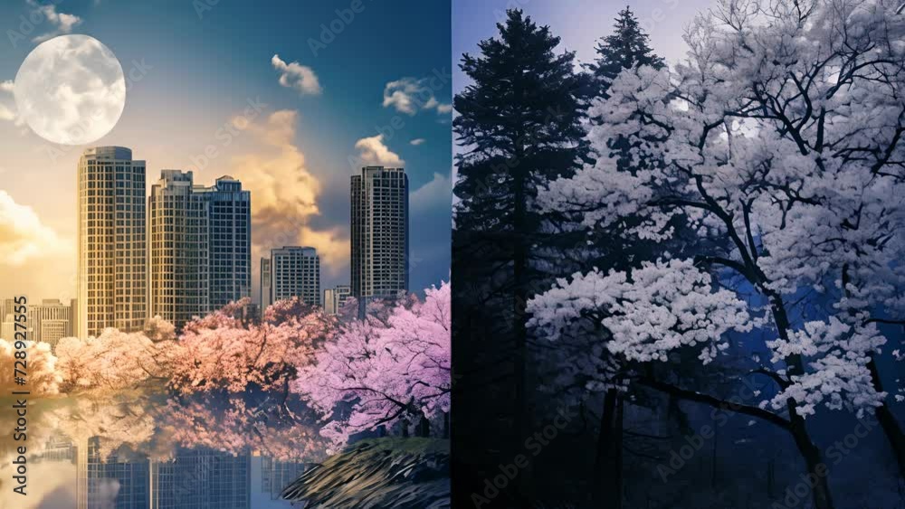 Cherry blossom tree and a city skyline enveloped in mist, with a bright ...