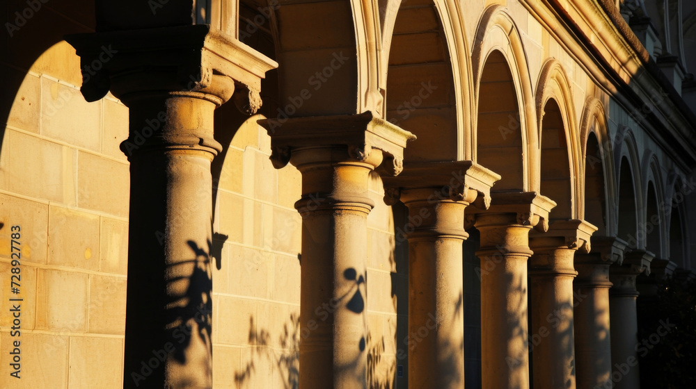 The shadows of arches and columns cast against a buildings exterior create a captivating silhouette.