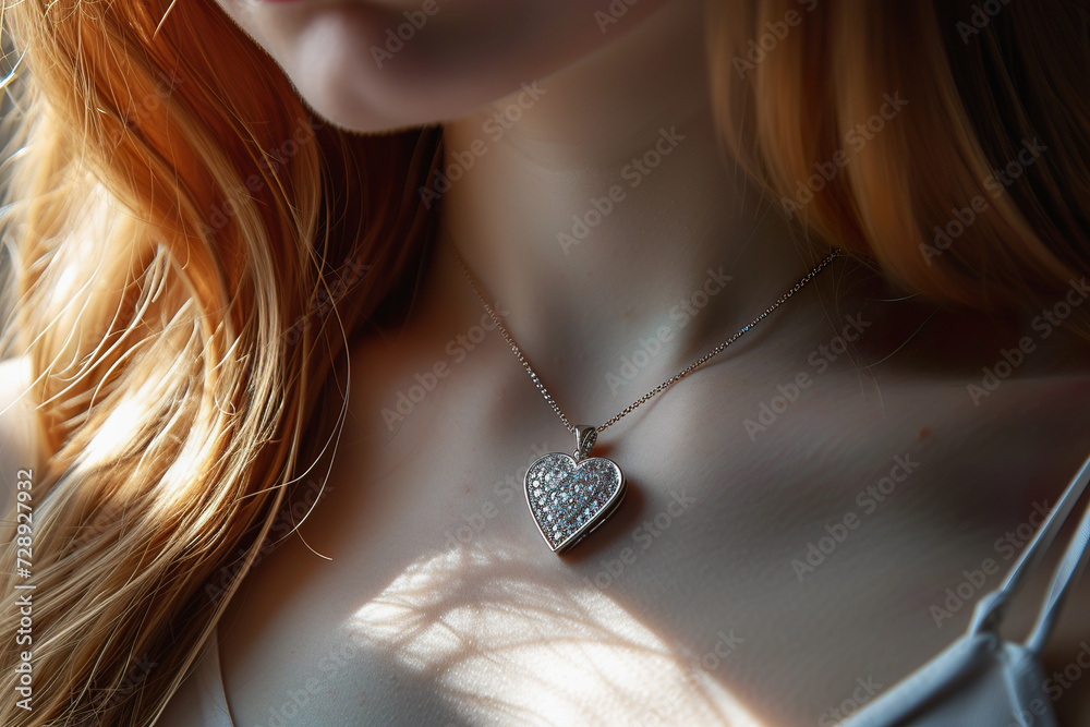Diamond heart pendant. Delicate Diamond Heart Pendant on Young Woman