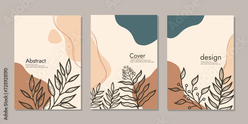 Botanical cover vector set. Hand draw template leaves and line art background for paper, Foliage line art drawing with abstract shape. Abstract Plant Art design for invitation, card, cover book, diary