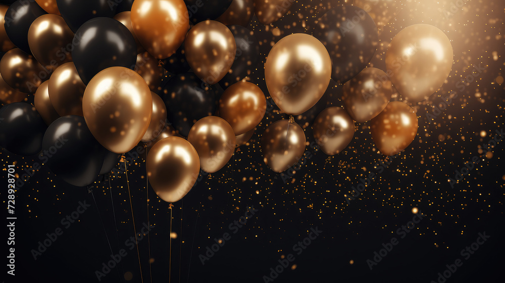 Golden Nightscape Black and Gold Balloons Rising in a Sparkling Flight