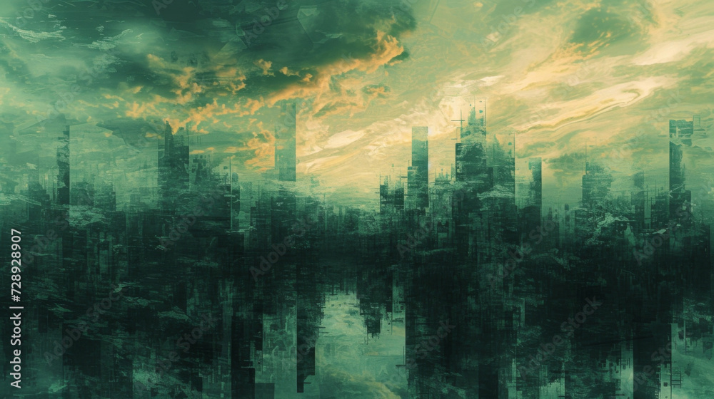 Dystopian Dreamscape A hauntingly beautiful abstract featuring desolate cityscapes and distorted perspectives evoking the eerie atmosphere of dystopian films. - obrazy, fototapety, plakaty 