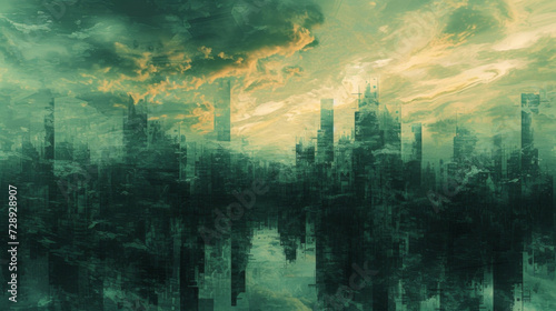 Dystopian Dreamscape A hauntingly beautiful abstract featuring desolate cityscapes and distorted perspectives evoking the eerie atmosphere of dystopian films. photo