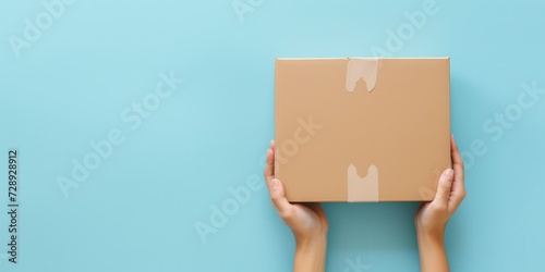 Woman hand holding small brown rectangular cardboard box on light blue background. Mockup parcel box. Packaging, shopping, delivery, present, gift concept © StockWorld