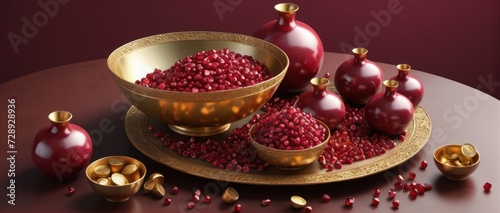 Bowl of ruby pomegranates amid a treasure trove: cut fruit, gold coins, and cups.