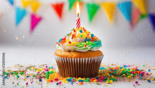 A colorful vanilla cupcake sitting on the counter with a lit candle, sprinkles and a pennant banner for a birthday celebration