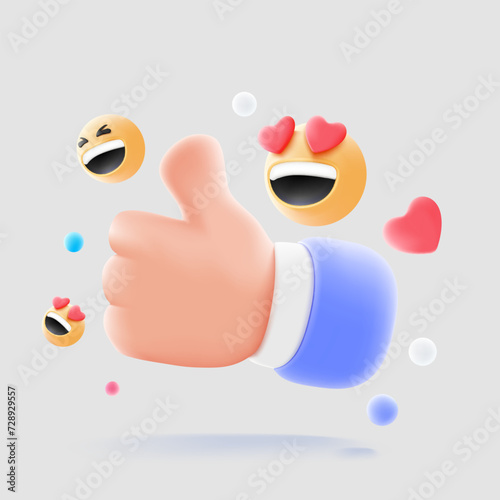 Social media and technology icon, like button and emoji with copy space, 3d vector 