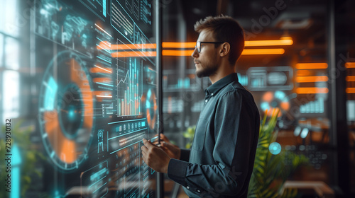 A professionalengages with a sophisticated, futuristic holographic interface displaying data analytics in a high-tech workspace environment.. © Naret