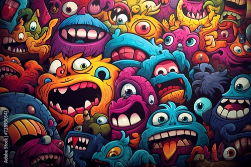 Monster Graffiti Background, Colorful graffiti cartoon monster characters background, cartoon characters Graffiti Background, Graffiti Background, AI Generative