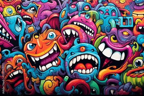Monster Graffiti Background, Colorful graffiti cartoon monster characters background, cartoon characters Graffiti Background, Graffiti Background, AI Generative