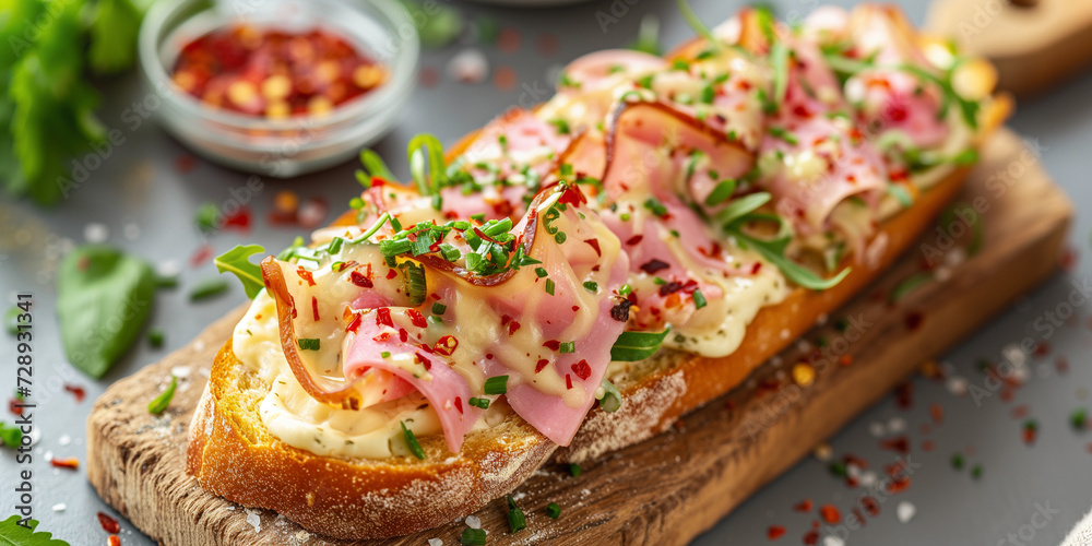 close shoot of a goutmet open hot sandwich brunch with avocado ham baked egg tomato cream melted cheese seasoning on healthy seed bread