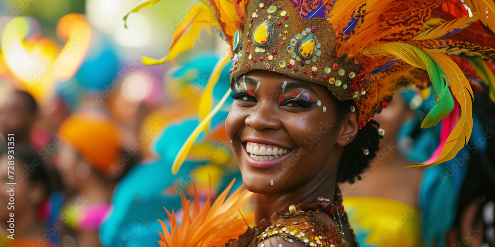 close portraid of Beautiful dancer woman in costum and carnival make up in rio de janeiro carnival event her face ful of joy and happiness colorful clothes full of feathers