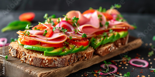 close shoot of a goutmet open sandwich brunch with avocado ham red onion tomato seasoning on healthy seed bread