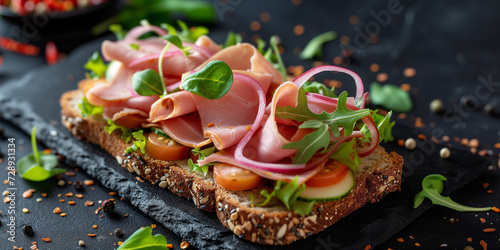 close shoot of a goutmet open sandwich brunch with ham red onion tomato seasoning on healthy seed bread