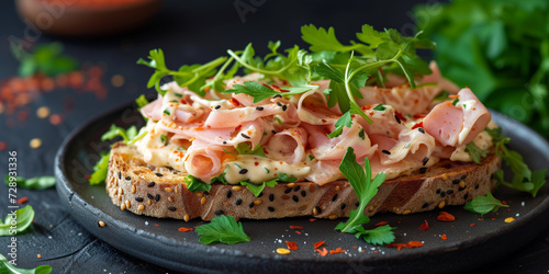 close shoot of a goutmet open sandwich brunch with ham red onion tomato persey seasoning on healthy seed bread photo