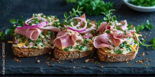 close shoot of a goutmet open sandwich brunch with ham red onion tomato seasoning on healthy seed bread