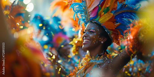 Beautiful dancer black woman in costum and carnival make up in rio de janeiro carnival event her face ful of joy and happiness colorful clothes full of feathers © Erzsbet