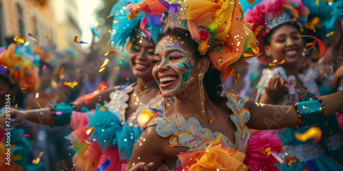 Beautiful dancer womans in costum and carnival make up in rio de janeiro carnival event her face ful of joy contact the audience and happiness orange clothes full of feathers