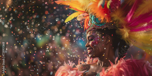 close shoot of a Beautiful dancer woman in costum and carnival make up in rio de janeiro carnival event between confettis her face ful of joy and happiness colorful clothes full of feathers