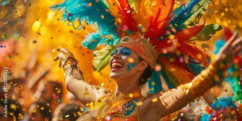 Beautiful dancer woman in costum and carnival make up in rio de janeiro carnival event between confettis her face ful of joy and happiness colorful clothes full of feathers