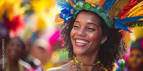 close portraid of Beautiful dancer woman in costum and carnival make up in rio de janeiro carnival event her face ful of joy and happiness colorful clothes full of feathers