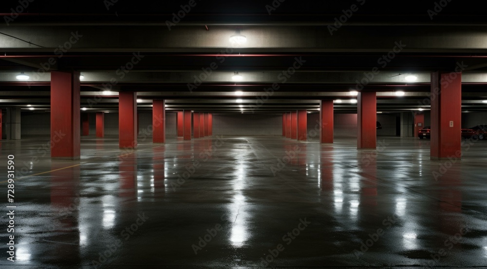 An empty parking garage with red pillars and lights. Generative AI.