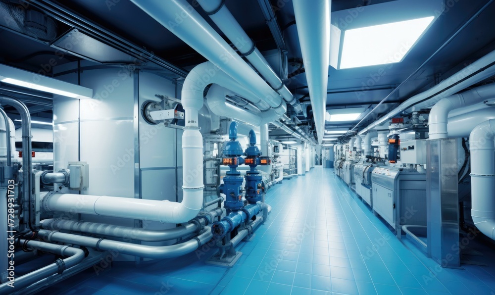 Naklejka premium A long hallway with pipes and valves. Generative AI.
