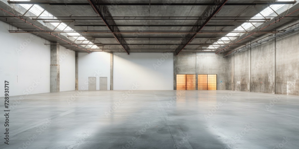 An empty warehouse with concrete floors and a large window. Generative AI.