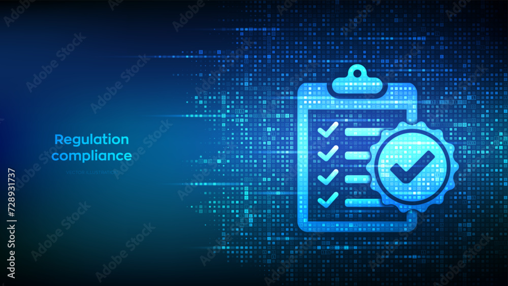 Regulation Compliance icon made with binary code. Reg Tech financial control background. Compliance rules. Law regulation policy. Digital code matrix background with digits 1.0. Vector Illustration. - obrazy, fototapety, plakaty 