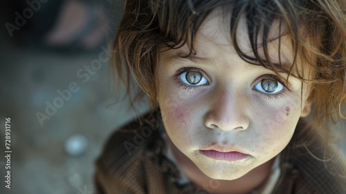 A young child dirty and disheveled but with a fierce determination in their eyes as they stare into the camera.