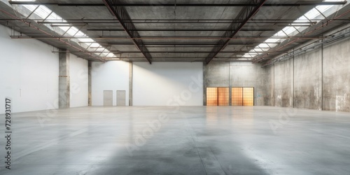 An empty warehouse with concrete floors and a large window. Generative AI. photo