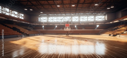 An empty basketball court with a basket and a net. Generative AI. photo