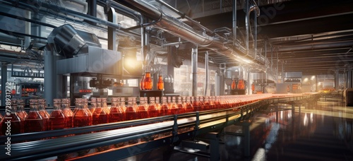 A factory with bottles of alcohol on a conveyor belt. Generative AI. © serg3d
