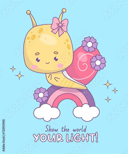 Cute groovy snail character. Funny insect kawaii on rainbow in retro style. Trendy vector illustration. Cool poster with slogan in 70s style