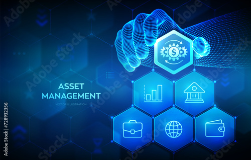 Asset management. Business investment banking payment technology concept on virutal screen. Wireframe hand places an element into a composition visualizing Asset management. Vector illustration.