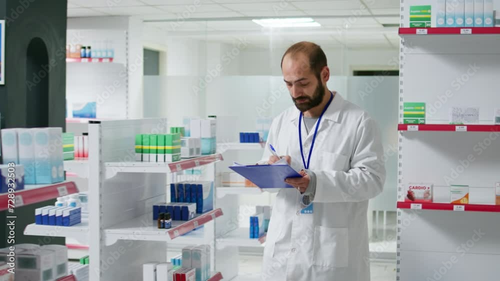 Druggist counting all pharmaceutical stock in pharmacy shop, working on inventory with checklist on clipboard. Pharmacist examining medical products on drugstore shelves. Camera 1. Druggist counting all pharmaceutical stock in pharmacy shop, working on inventory with checklist on clipboard. Pharmacist examining medical products on drugstore shelves. Camera 1.