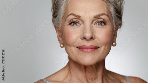 Closeup portrait beautiful 50s middle-aged elderly mature woman isolated on white background. Skin care beauty, cosmetics makeup botox concept generative ai