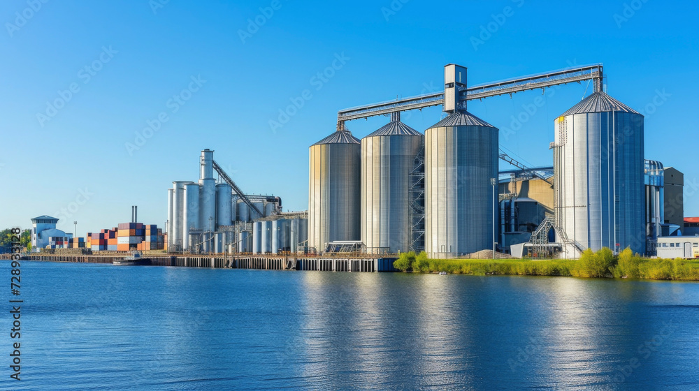 Rows of towering silos standing tall next to the water filled with different types of grain awaiting export.