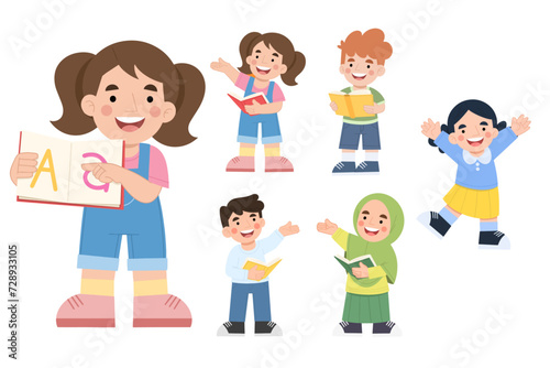 Vector illustration set of children reading books