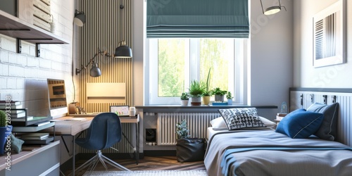 Stylish teenager's room interior with big window, bed and workplace