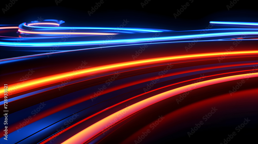 Blue and orange modern light tail waves and lines on black background, futuristic neon glowing light design Blue and orange modern light tail waves and lines on black background, futuristic neon glowing light design
