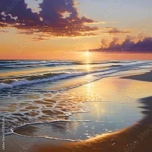 A serene beach at dawn, with golden sunlight painting the sky and reflecting off gentle waves.